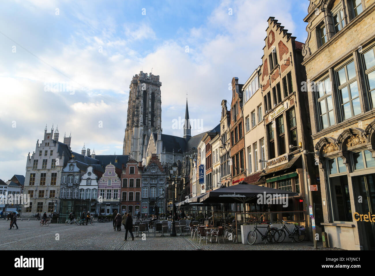 La Piazza del Mercato Centrale e Saint Rumbolt Cattedrale di Mechelen, Fiandre, in Belgio Foto Stock
