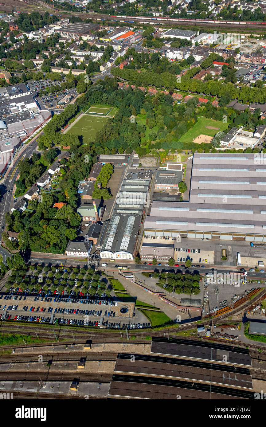 Fotografia aerea, Oberhausen la zona intorno alla stazione principale di vecchia data mining Gustavstrasse colonia, storico della classe operaia station wagon Foto Stock