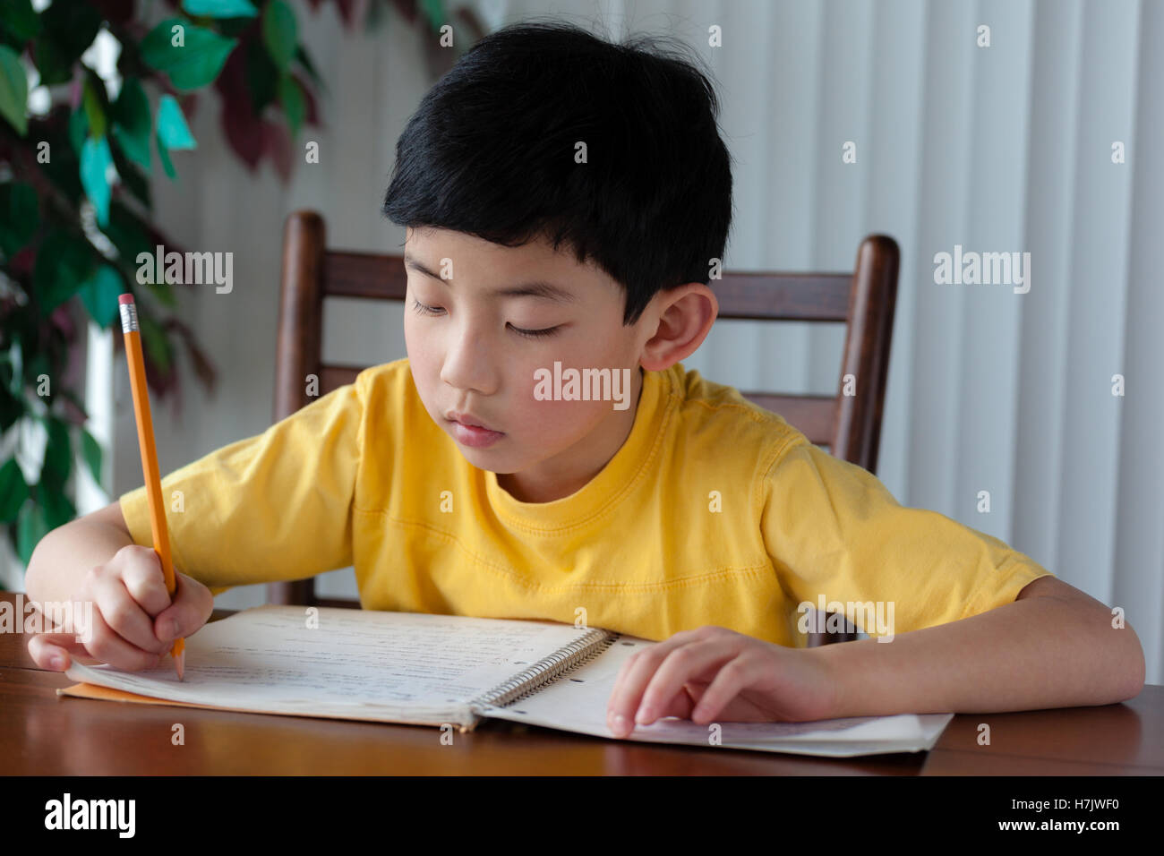 Un ragazzo asiatico che sta facendo il suo compiti a casa. Foto Stock