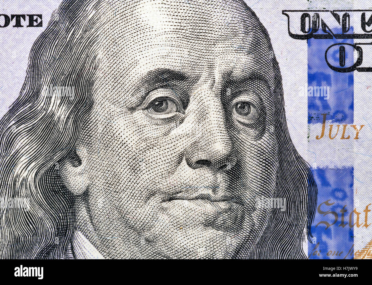 Il presidente statunitense Benjamin Franklin ritratto su un centinaio di dollari frammento macro Foto Stock
