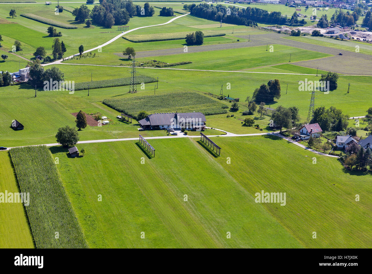 Campagna slovena paesaggio antenna, Bled Foto Stock