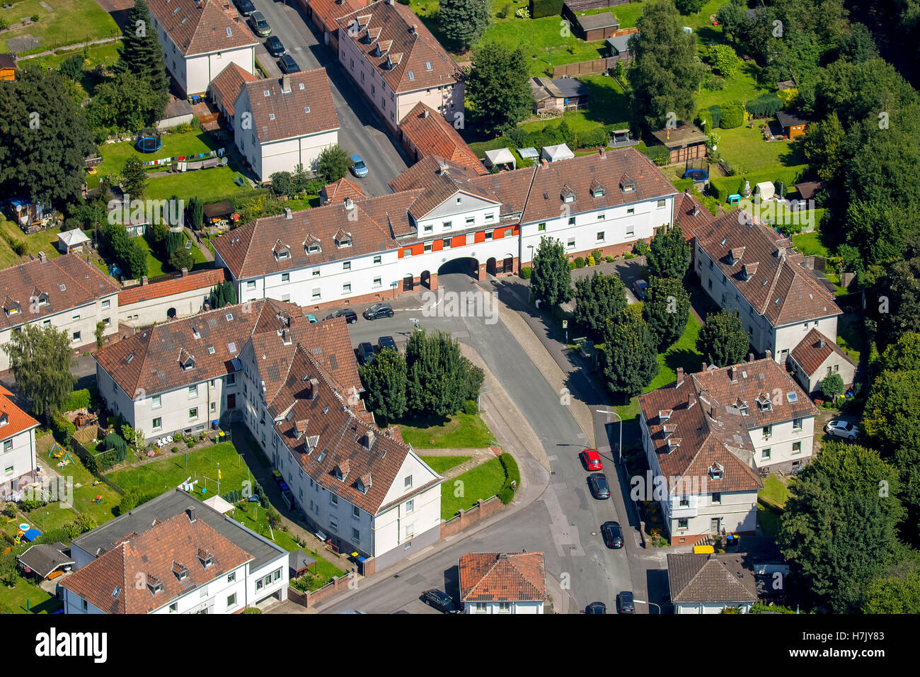 Fotografia aerea, Schwerte Kreinbergsiedlung, ferroviaria dipendente di insediamento per la ferrovia repair shop il Schwerte-East EAW, Foto Stock