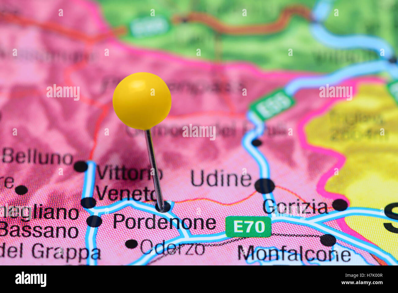 Pordenone imperniata su una mappa di Italia Foto Stock