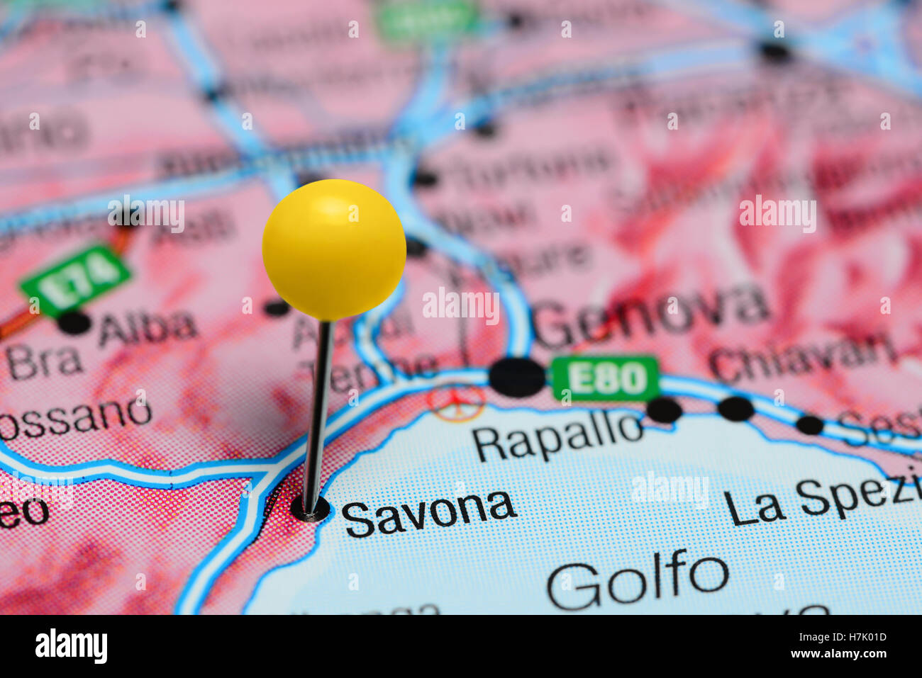 Savona imperniata su una mappa di Italia Foto Stock