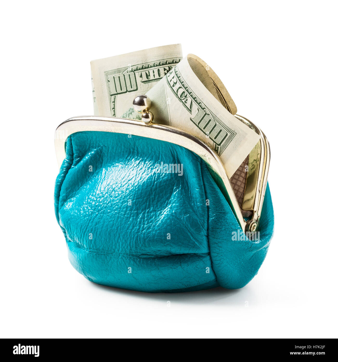 Blue portamonete con denaro isolato su sfondo bianco. Centinaia di dollari di banconote nel portafoglio femmina. Risparmio di denaro concetto. Scopo Foto Stock