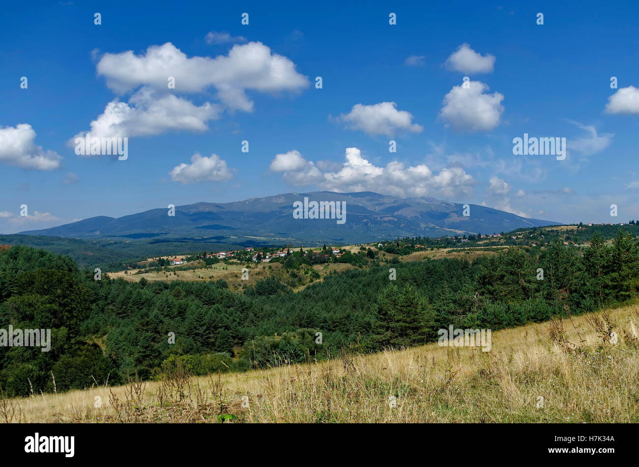 Vista panoramica di anticipo estate con i villaggi Plana nella montagna Plana dal Vitosha, Bulgaria Foto Stock