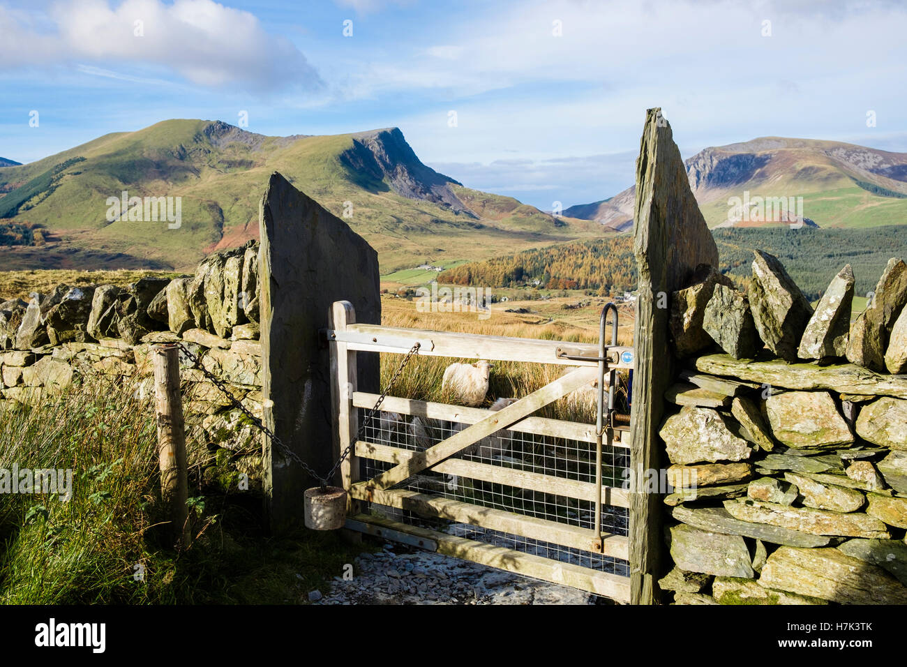 Accesso al punto di iniezione attraverso la pietra a secco sulla parete Rhyd-Ddu percorso a Mount Snowdon con vista della montagna nel Parco Nazionale di Snowdonia. Gwynedd North Wales UK Gran Bretagna Foto Stock