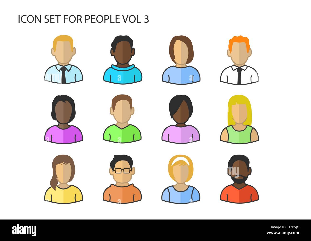 Varie icone vettoriali / simboli delle diverse teste di avatar e facce di diversi colori di pelle Illustrazione Vettoriale