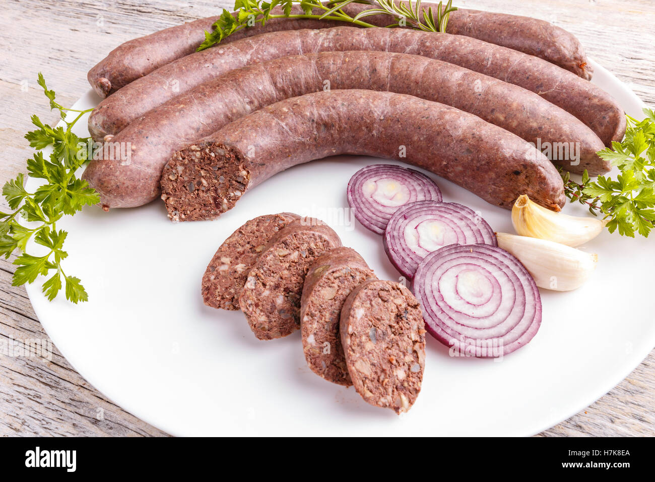 Home reso irish black pudding con prezzemolo e cipolla Foto Stock