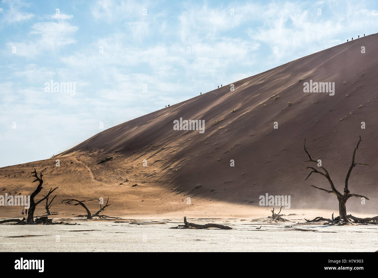 Morto di alberi a secco di DeadVlei valle al deserto del Namib e sagome di persone su una grande duna di sabbia edge Foto Stock