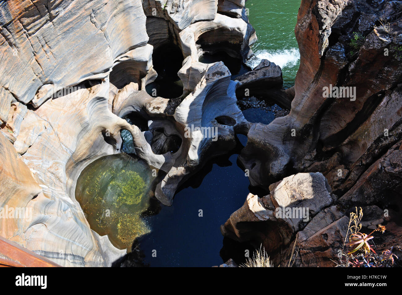 Sud Africa: vista delle buche e piscine a tuffo del vero fiume a Bourke's Luck buche, parte del Fiume Blyde Canyon Foto Stock