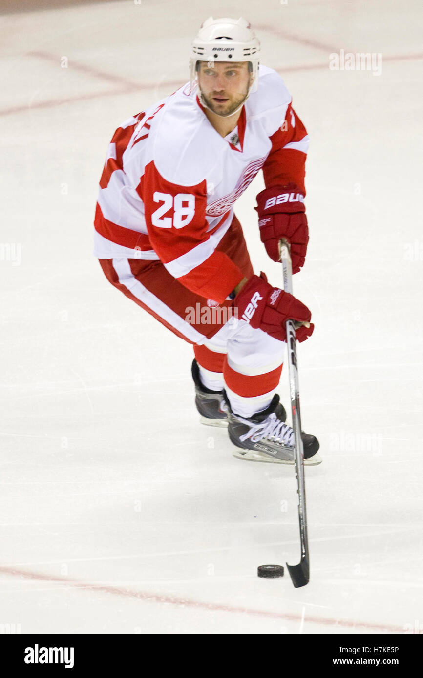 Aprile 29, 2010; san jose, ca, Stati Uniti d'America; ali rosse di Detroit defenceman brian rafalski (28) contro i san jose sharks durante il primo periodo di gioco uno dei western conference semifinali del 2010 Stanley Cup playoff a hp pavilion. san jose sconfitto detroit 4-3. Foto Stock