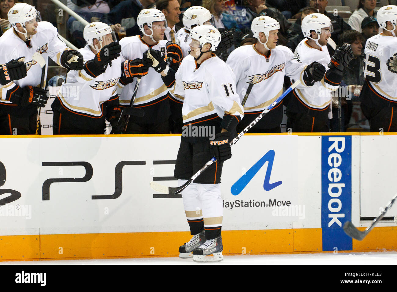 Il 9 novembre 2010; San Jose, CA, Stati Uniti d'America; Anaheim Ducks ala destra Corey Perry (10) festeggia con i compagni di squadra dopo un goal contro gli squali di San Jose durante il secondo periodo di HP Pavilion. Foto Stock