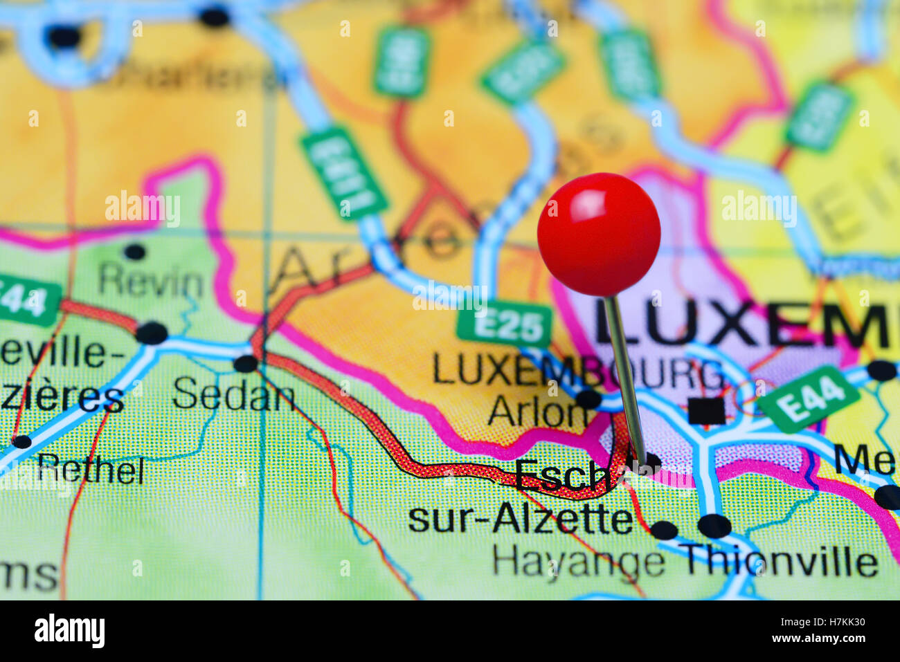 Esch-sur-Alzette imperniata su una mappa di Lussemburgo Foto Stock