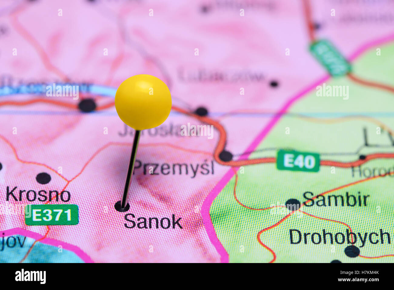 Sanok imperniata su una mappa di Polonia Foto Stock