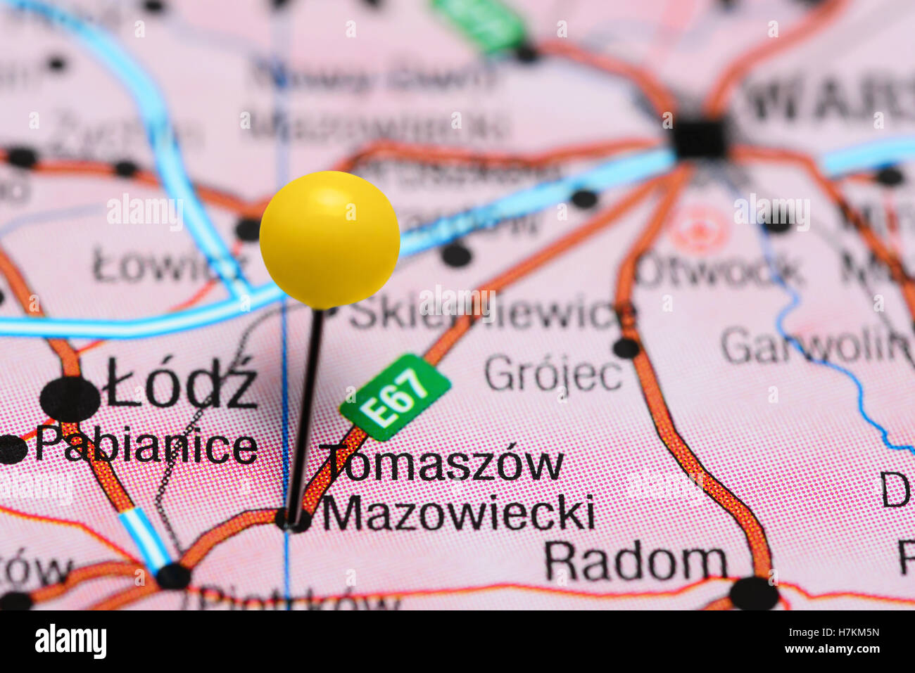 Tomaszow Mazowiecki imperniata su una mappa di Polonia Foto Stock