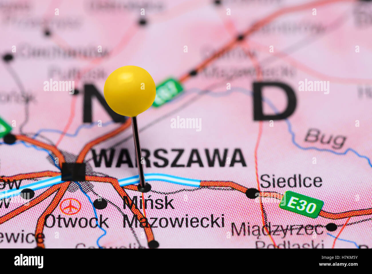 Minsk Mazowiecki imperniata su una mappa di Polonia Foto Stock