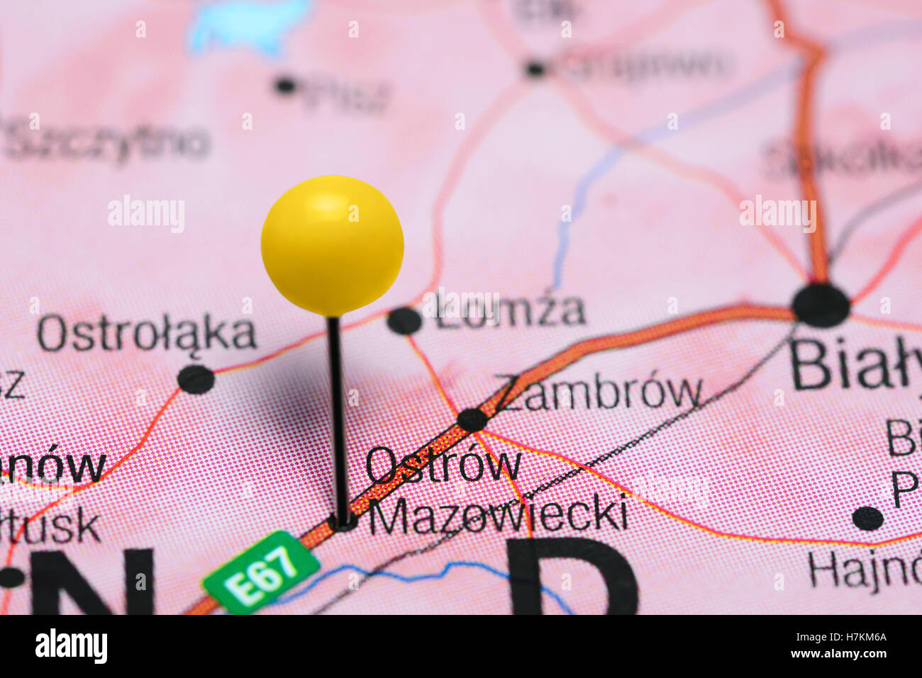 Ostrow Mazowiecki imperniata su una mappa di Polonia Foto Stock