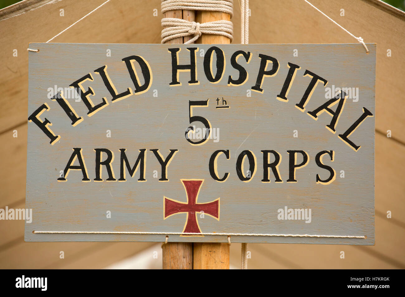 Ospedale segno, guerra civile rievocazione storica, Willamette Missione del parco statale, Oregon Foto Stock