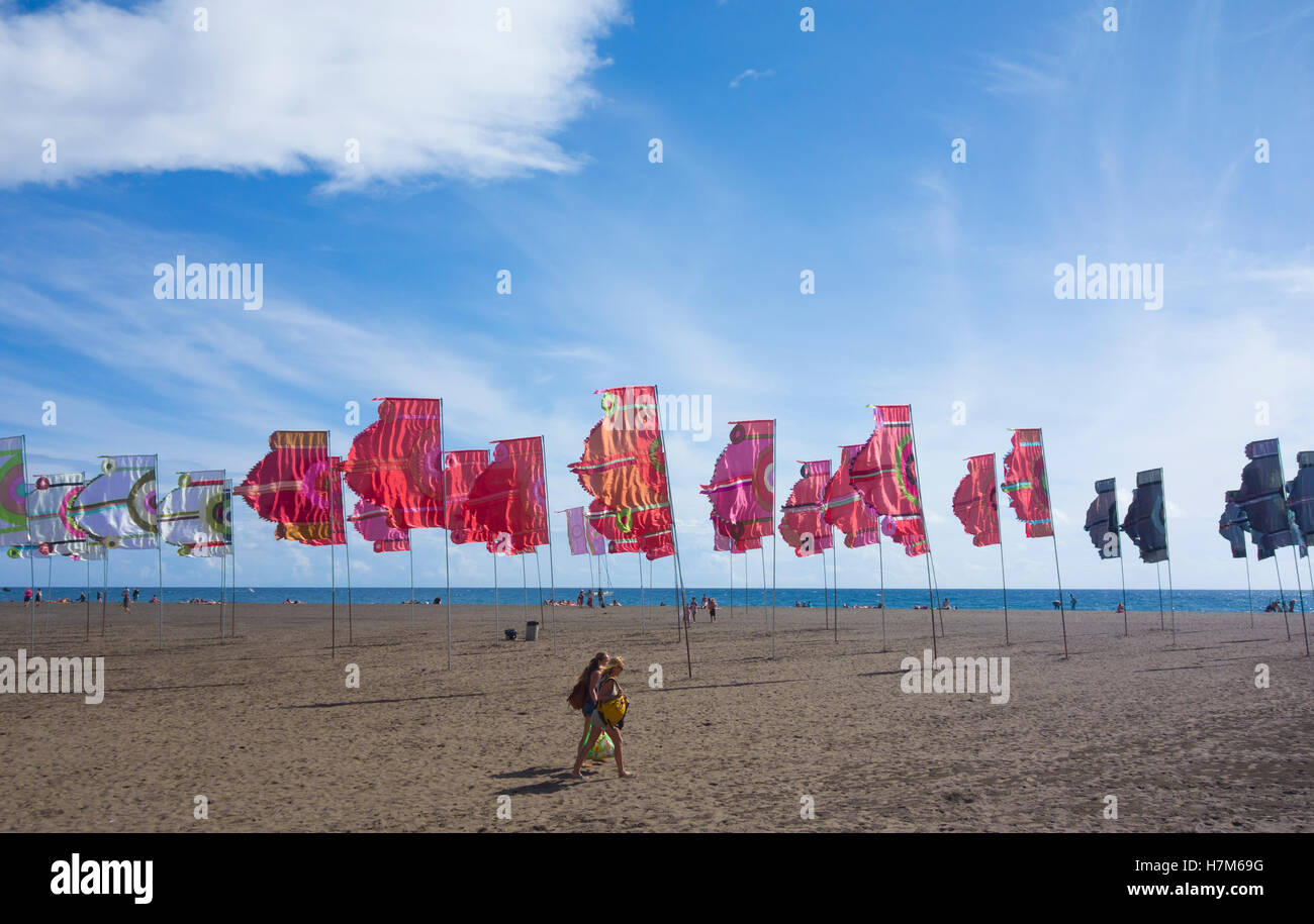 Gran Tarajal, Fuerteventura, Isole Canarie, Spagna. 5 Novembre, 2016. Womad bandiere sulla spiaggia tra gli stadi al Womad Festival di musica (4a-6a Nov) sulla spiaggia di Gran Tarajal a Fuerteventura. Credito: Alan Dawson News/Alamy Live News Foto Stock