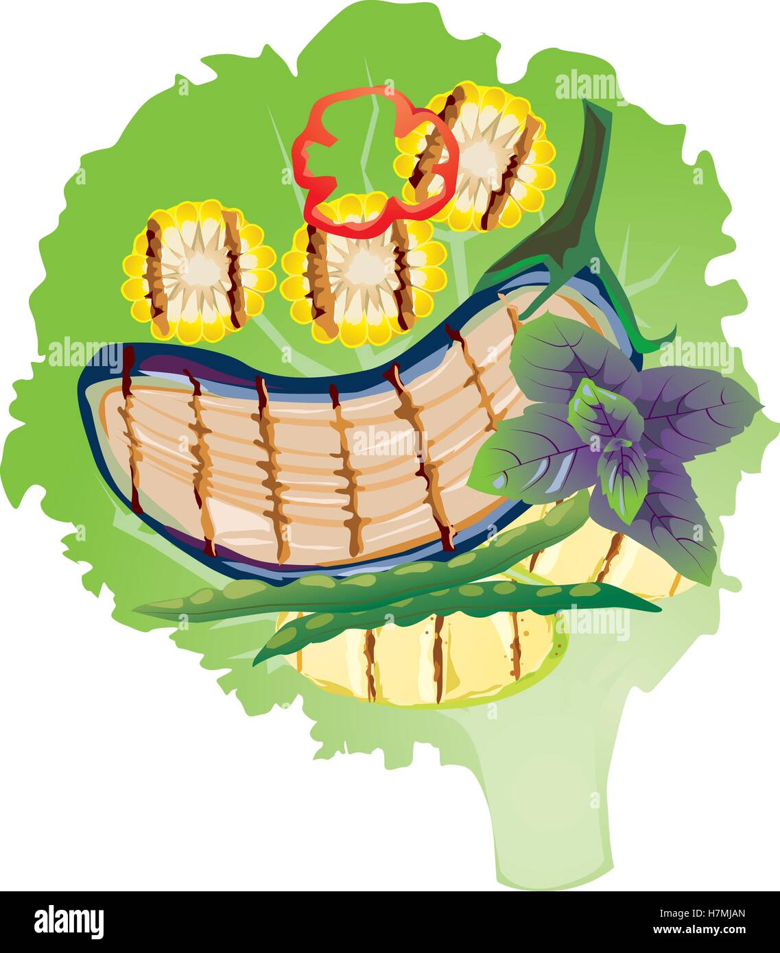 Una deliziosa grigliata di verdure in foglia di lattuga con grigliate di mais, fagioli verdi, zucchini, basilico, anello di pepe Illustrazione Vettoriale