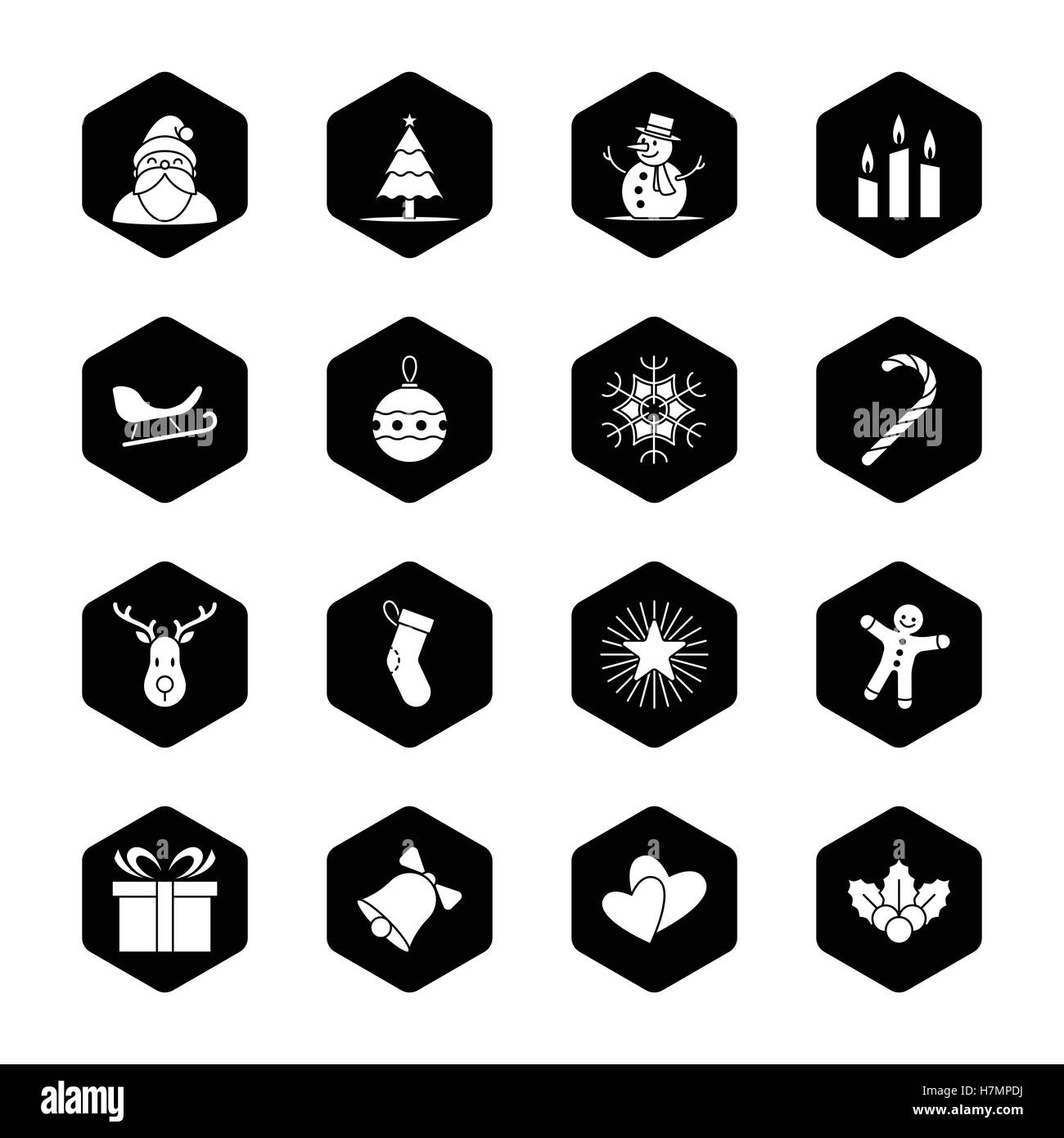 Natale e Anno Nuovo Imposta icona illustrazione vettoriale - nero esagono Illustrazione Vettoriale