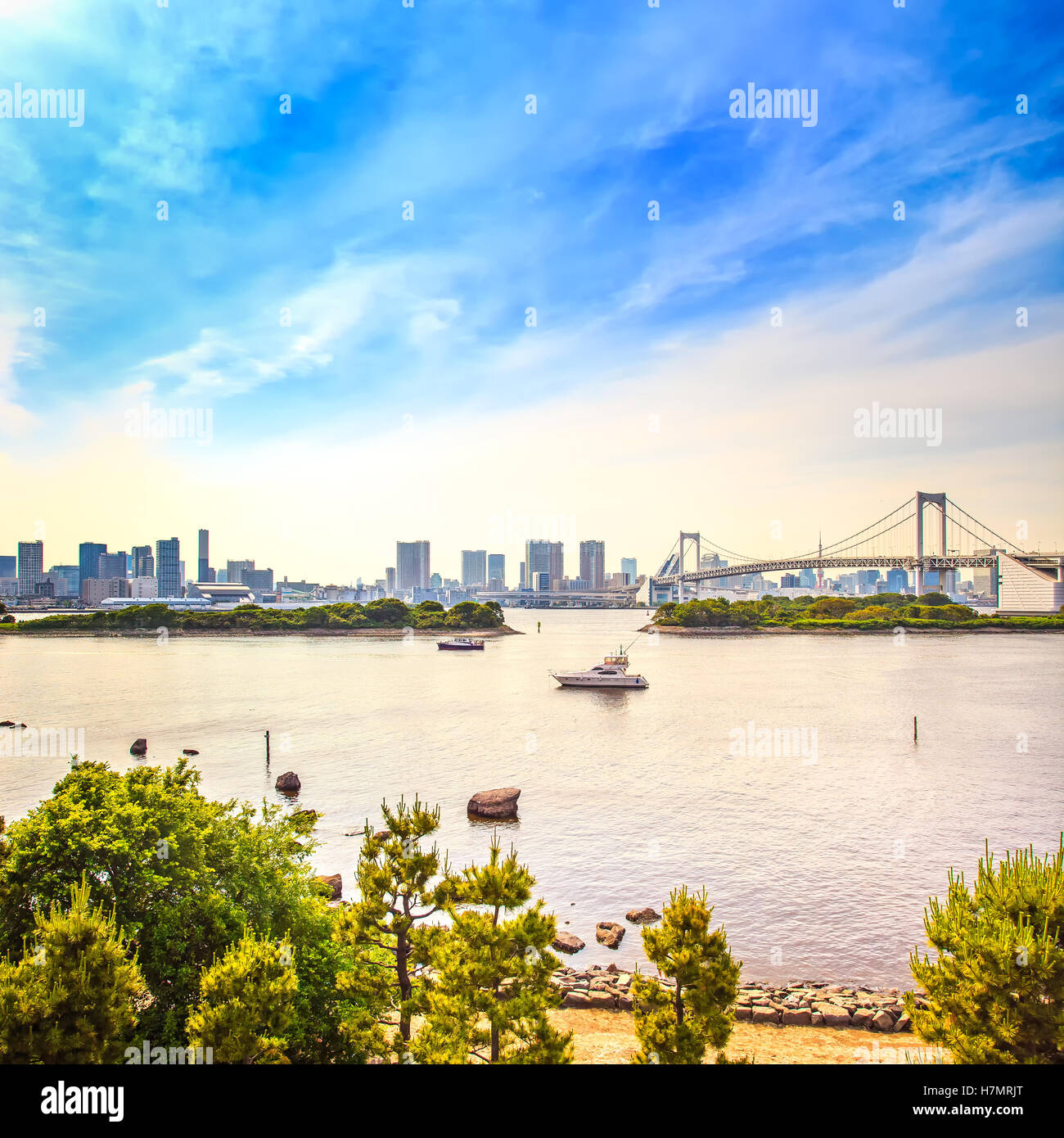 Tokyo skyline tramonto panorama con il Rainbow Bridge e la baia vista da Odaiba. Giappone, Asia Foto Stock