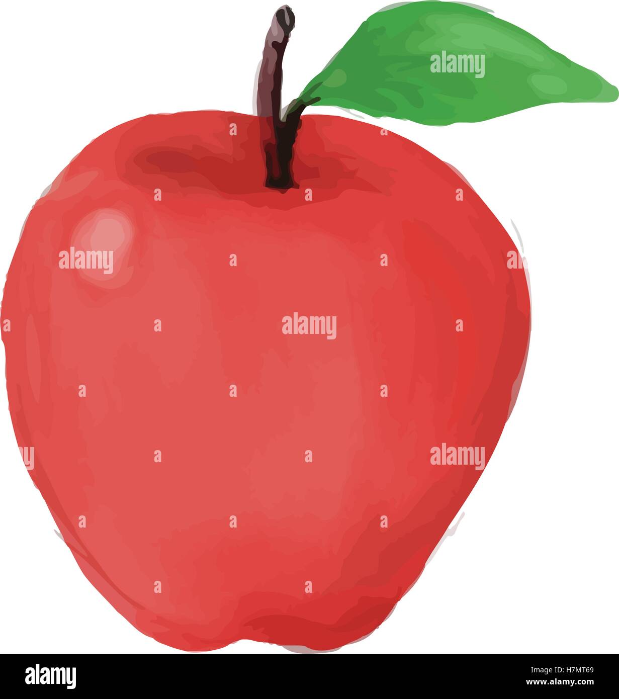 Stile acquerello illustrazione di una mela rossa con foglie viste dalla parte anteriore impostato su isolato sullo sfondo bianco. Illustrazione Vettoriale
