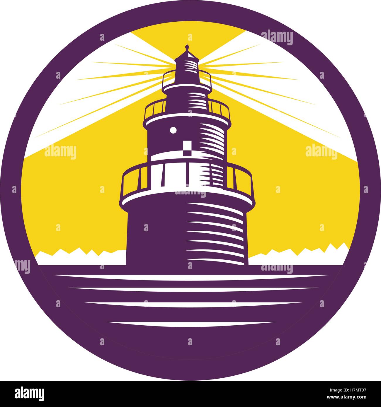 Illustrazione di un faro visto dal lato anteriore impostato all'interno del cerchio fatto rétro xilografia stile. Illustrazione Vettoriale