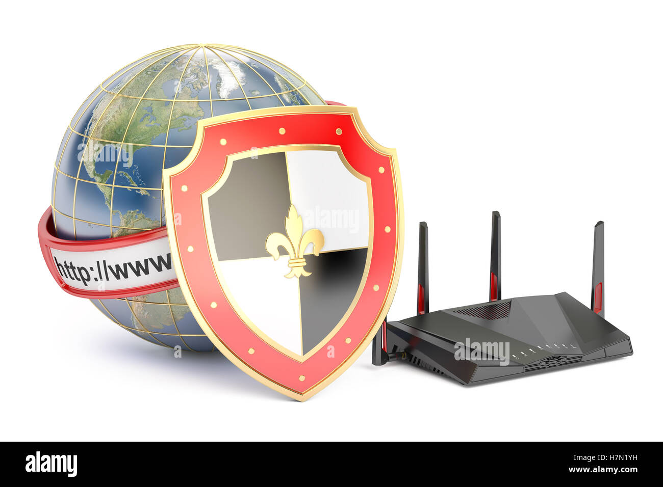 Messa a terra con schermatura e router internet, proteggere il concetto. Il rendering 3D Foto Stock