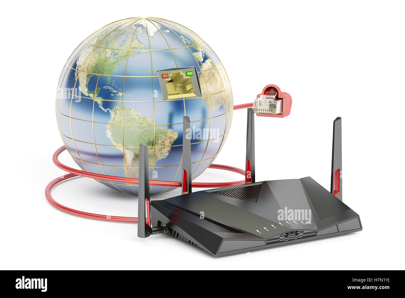 Global Networking collegamento concetto, la terra con il router. 3D rendering isolati su sfondo bianco Foto Stock