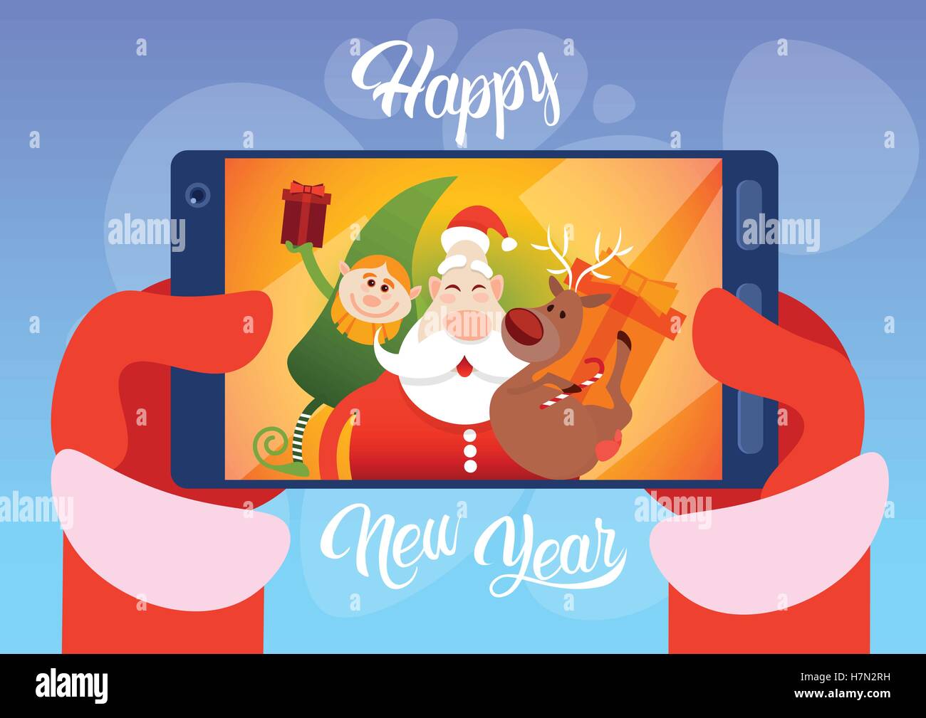 Babbo Natale, renne ed elfi alla finestra con regalo di Natale | Vettore Premium