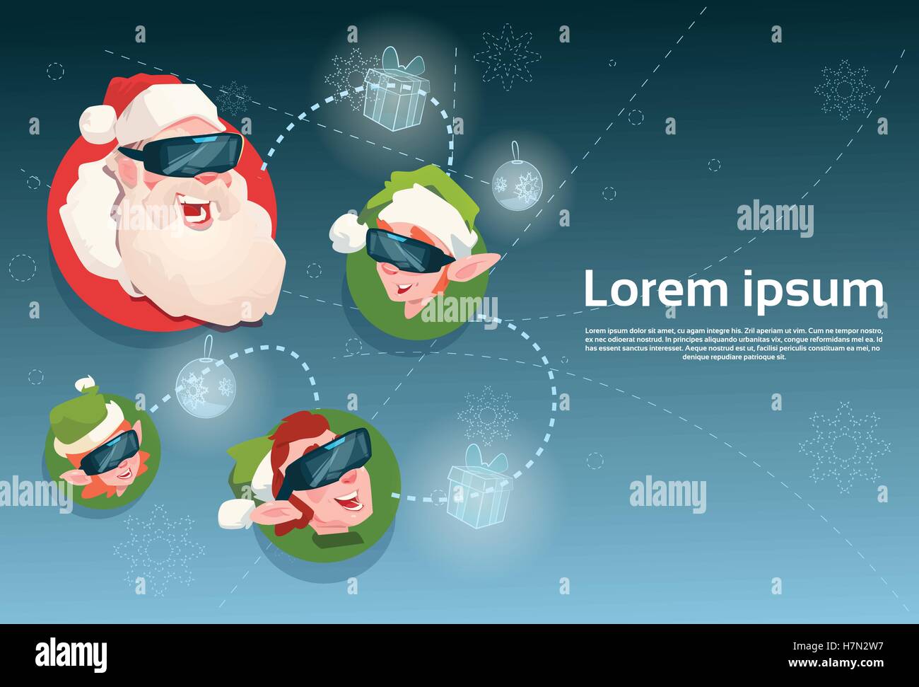 Babbo Natale e il verde gruppo Elf indossare occhiali digitale la realtà virtuale Buon Natale felice anno nuovo Flat illustrazione vettoriale Illustrazione Vettoriale