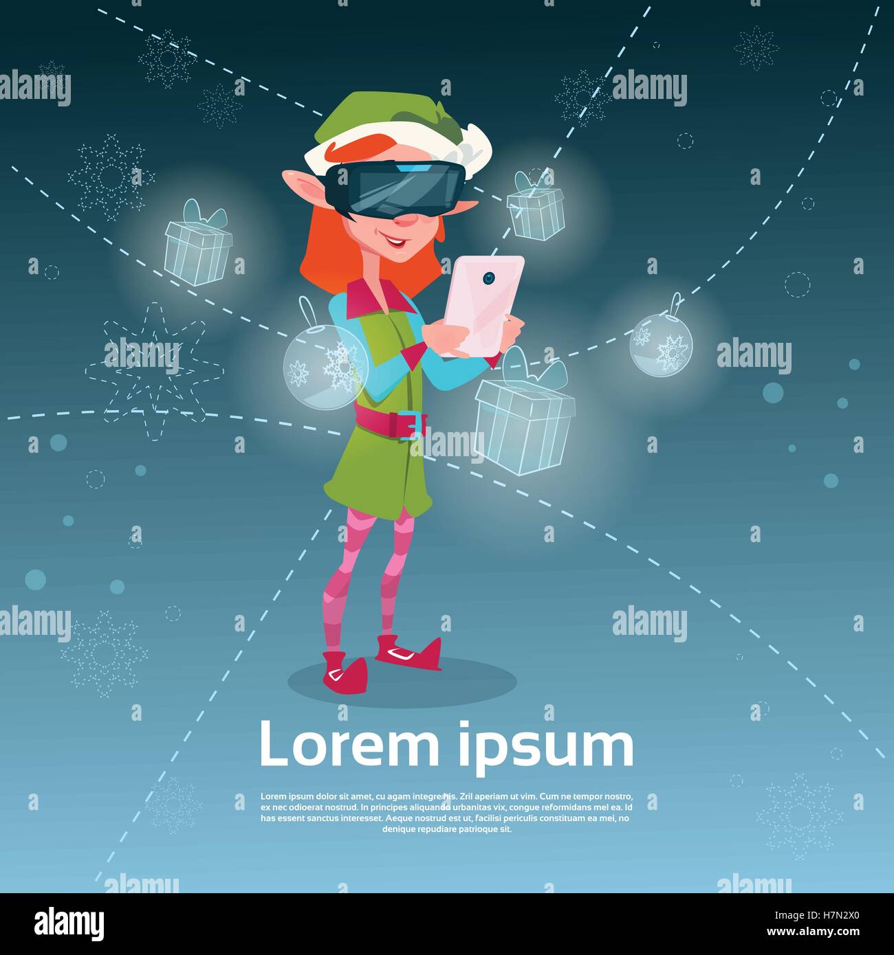 Santa Helper Elf verde ragazza indossare occhiali digitali utilizzare Smart Phone Buon Natale felice anno nuovo Flat illustrazione vettoriale Illustrazione Vettoriale