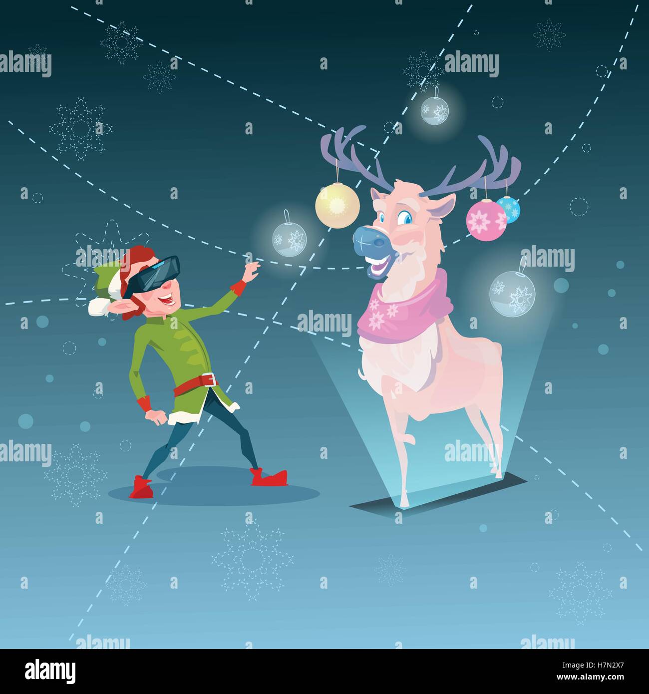 Santa Helper Elf verde indossare occhiali digitale Vedere Virtual renne Buon Natale felice anno nuovo Flat illustrazione vettoriale Illustrazione Vettoriale