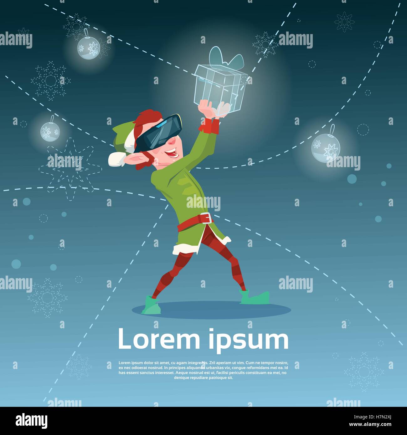 Santa Helper Elf verde indossare occhiali digitale tenere presente virtuale Buon Natale felice anno nuovo Flat illustrazione vettoriale Illustrazione Vettoriale