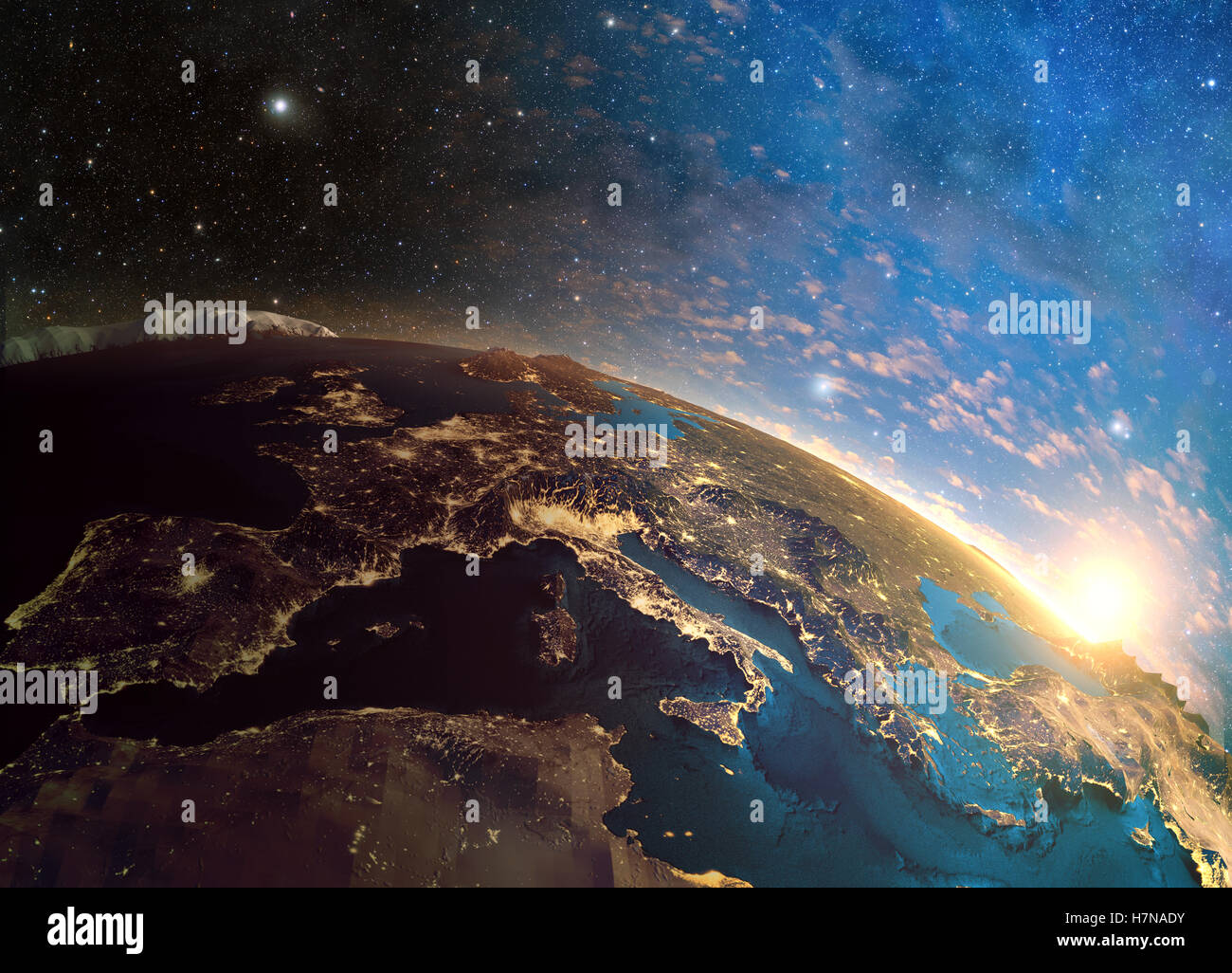 3D rendering dettagliato di terra colorata e molto dettagliata del pianeta terra al mattino, sunrise in Europa Foto Stock