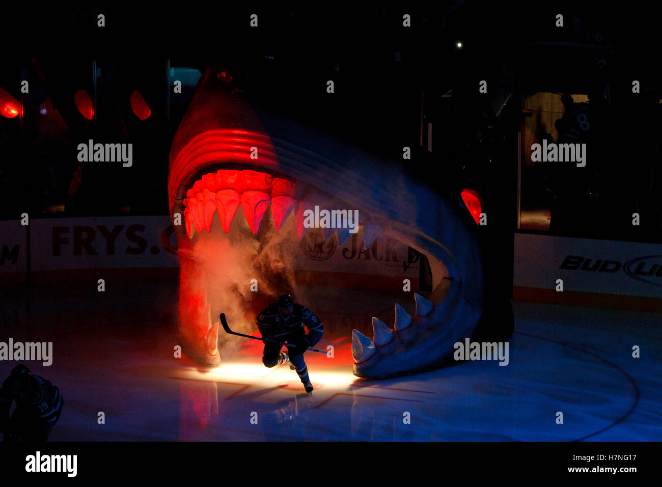 Dic 21, 2011; San Jose, CA, Stati Uniti d'America; San Jose Sharks center Joe Pavelski (8) entra nel ghiaccio prima che la partita contro il Tampa Bay Lightning a HP Pavilion. Foto Stock