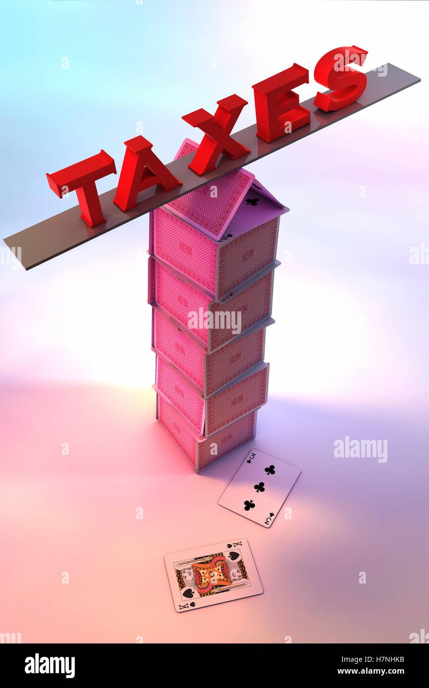 Le tasse in equilibrio su una casa di carte Foto Stock