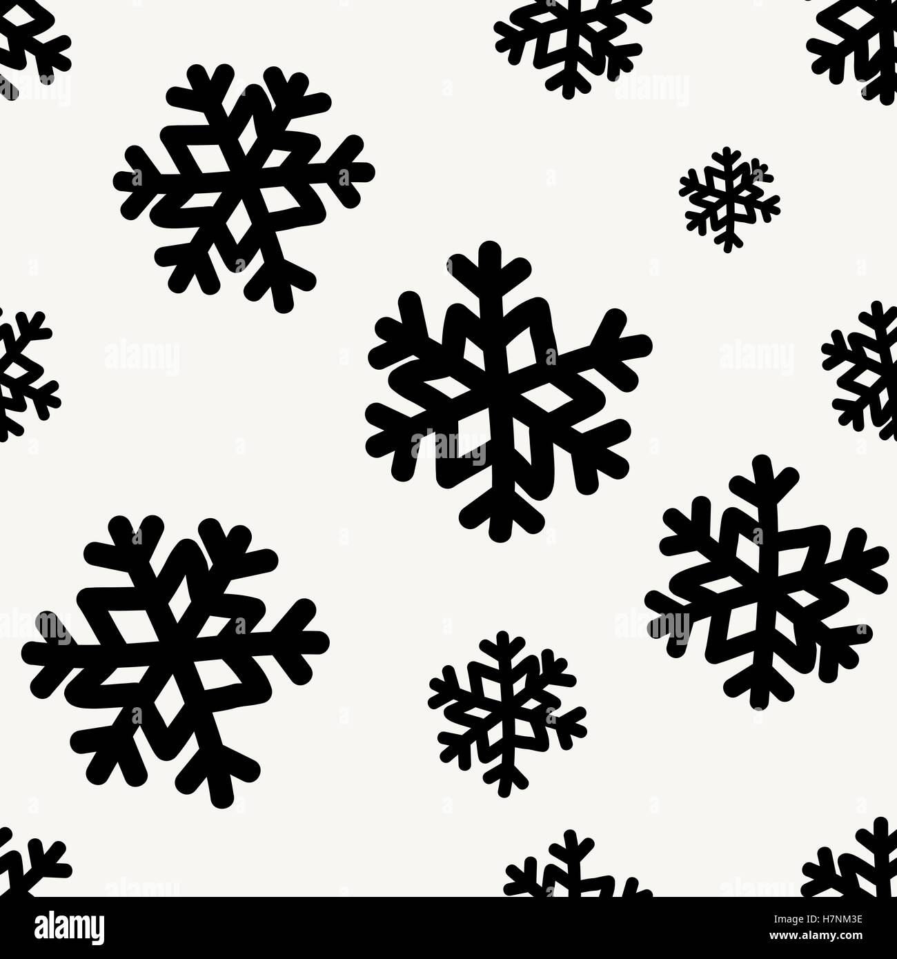 Seamless modello di ripetizione con fiocchi di neve in bianco e nero e crema. Minimalista tessile festosa, regalo, wall art design. Illustrazione Vettoriale