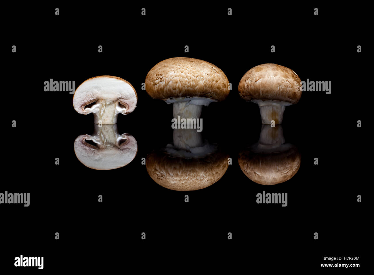 Due interi e un taglio champignon marrone in fila isolato nero su sfondo riflettente Foto Stock