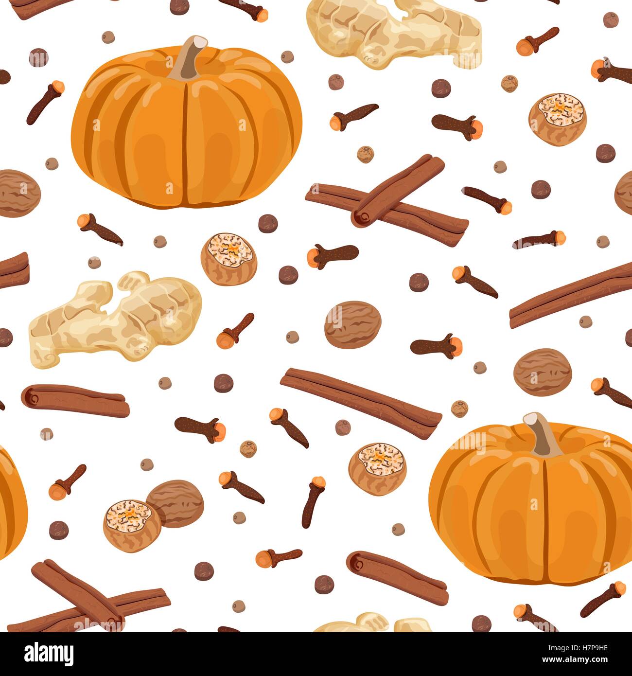 La zucca spice. seamless pattern set di vettore. Zucca, noce moscata, lo zenzero, i chiodi di garofano, cannella, pepe della Giamaica. Per il food design, tessile, resta Illustrazione Vettoriale