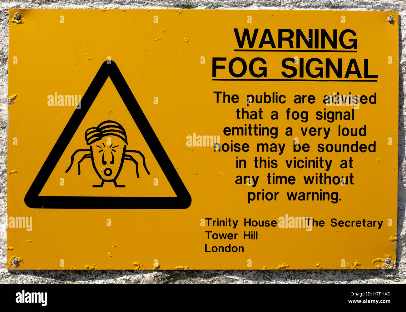 Nebbia di avvertimento segnale SIGN, Portland, Dorset. Foto Stock