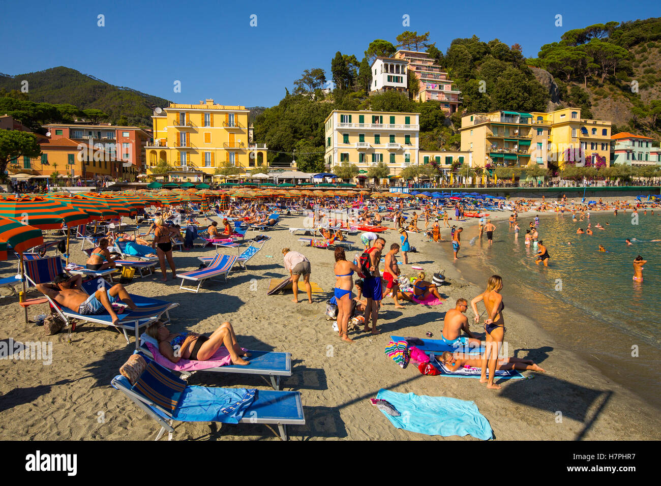 Spiaggia di Monterosso al Mare, la Riviera de Levanto, villaggio di pescatori e le Cinque Terre. Genova. Mare Mediterraneo. Liguria, Italia Europa Foto Stock