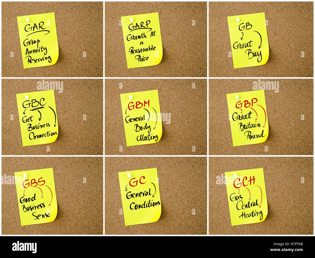Collage di Business degli acronimi scritto su carta gialla nota appuntata sulla bacheca di sughero con la puntina bianca, copia dello spazio disponibile Foto Stock