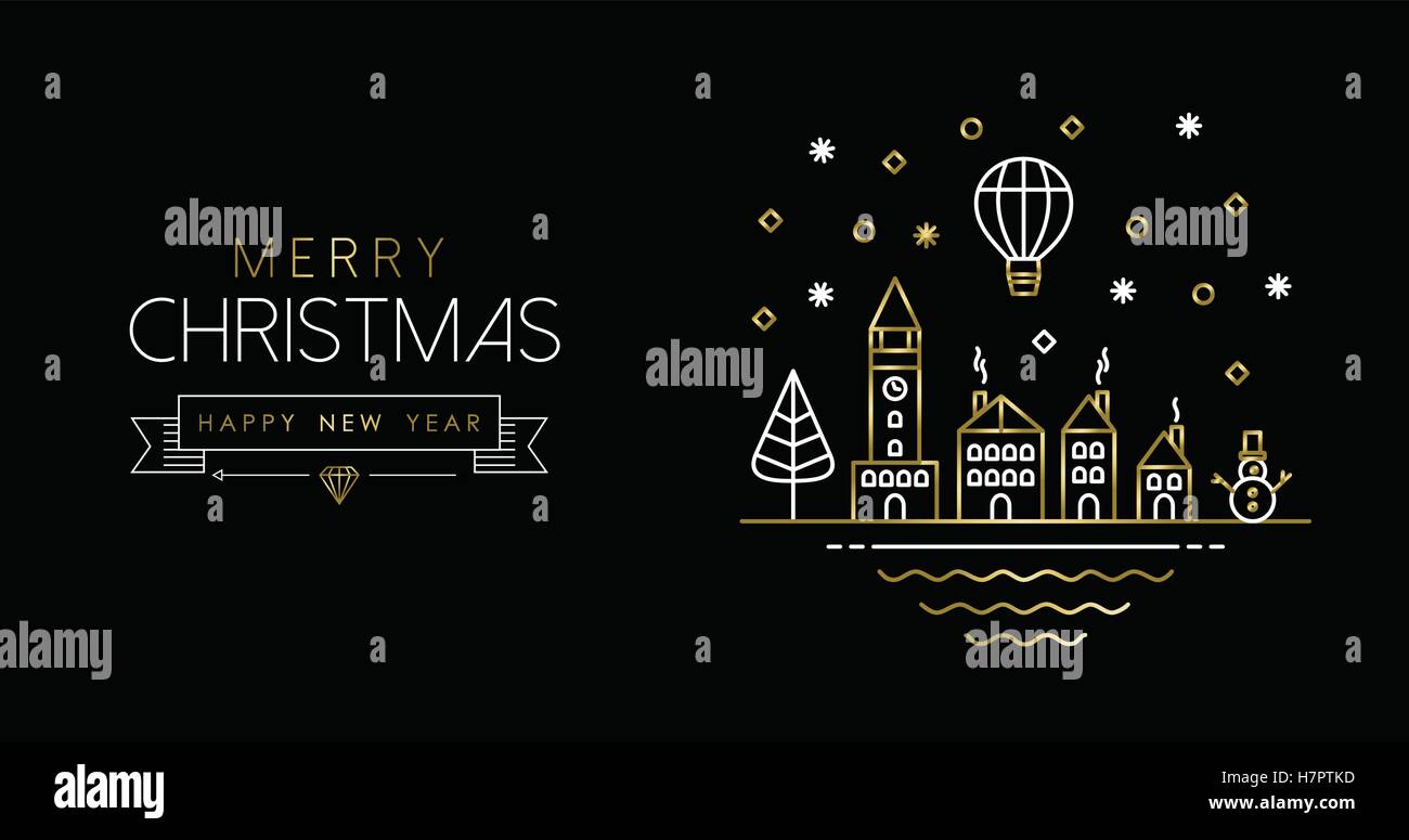 Auguriamo a tutti un Buon Natale e un nuovo anno gold social media testata nella struttura moderna di stile arte, citta' invernale illustrazione. Illustrazione Vettoriale