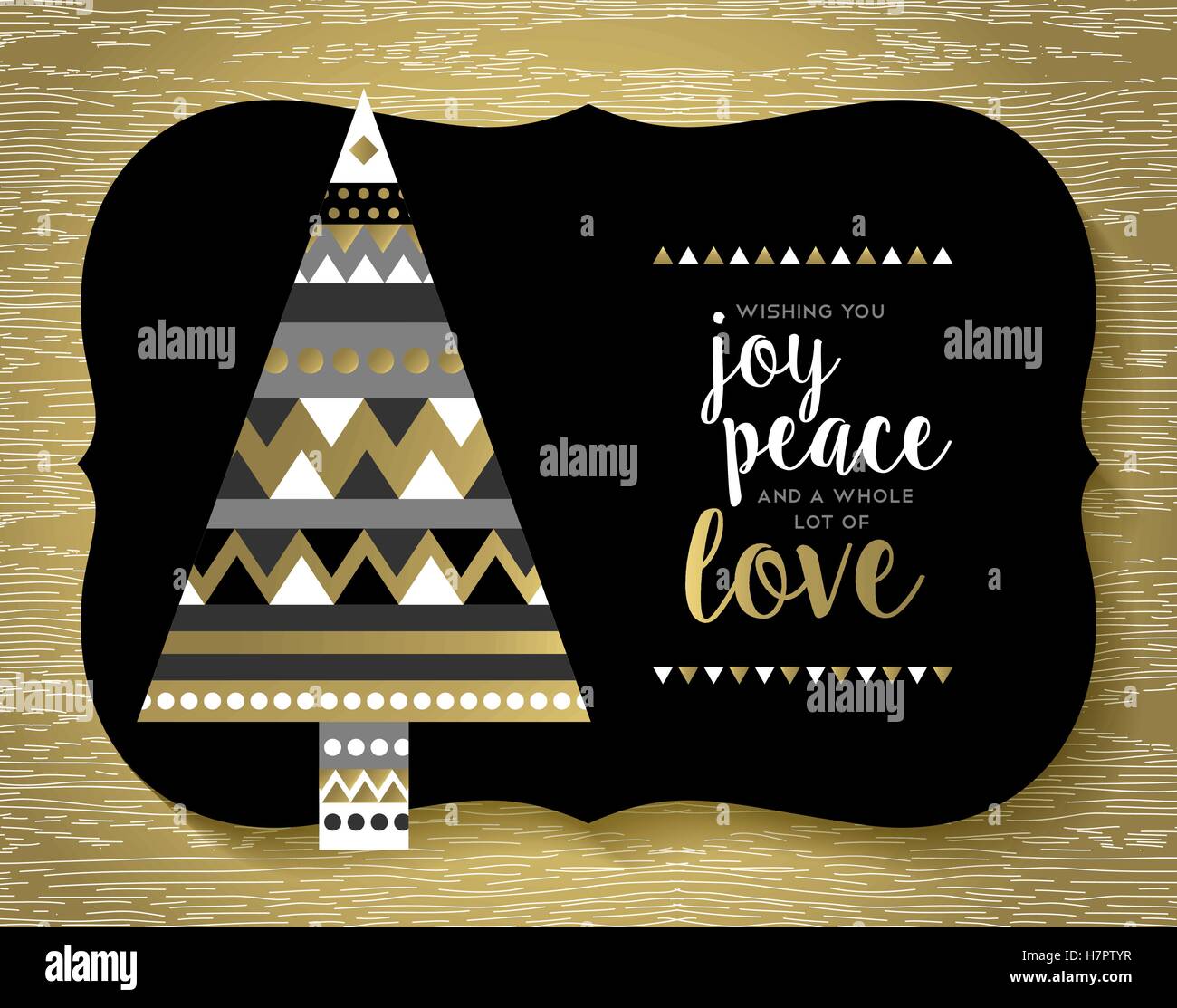 Buon Natale e Felice Anno Nuovo biglietto di auguri design con oro astratta xmas pino fatta di eleganti forme geometriche. Illustrazione Vettoriale