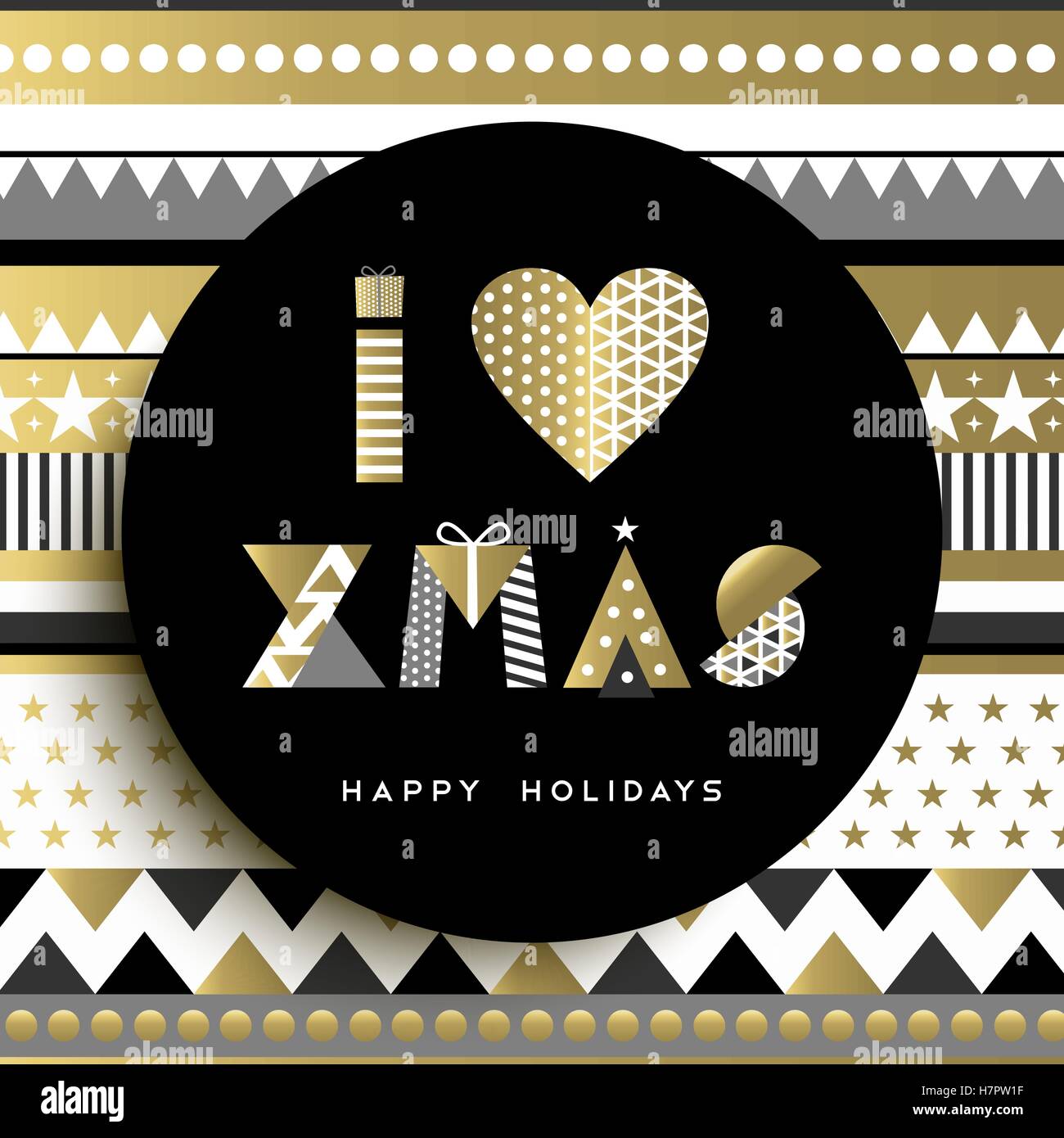 Merry Christmas greeting card design, io amo xmas citazione di testo in oro e colori di sfondo astratto fatto di forme geometriche. Illustrazione Vettoriale