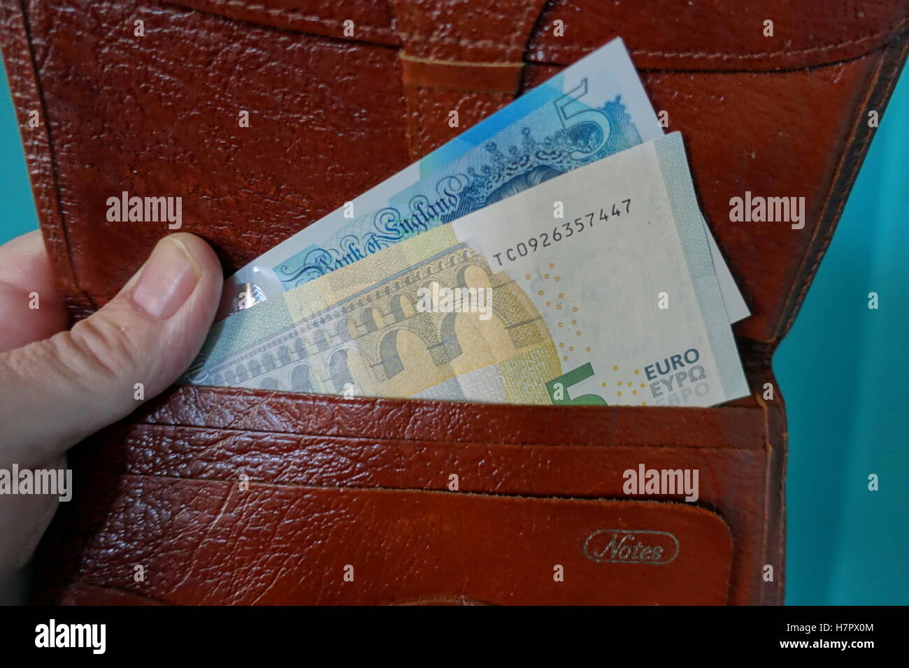 Euro e Sterline delle banconote in euro nel portafoglio, Londra Foto Stock