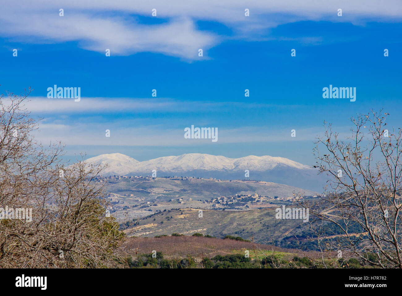 Il paesaggio della Valle di Hula e l'Hermon mountain range. Il nord di Israele Foto Stock